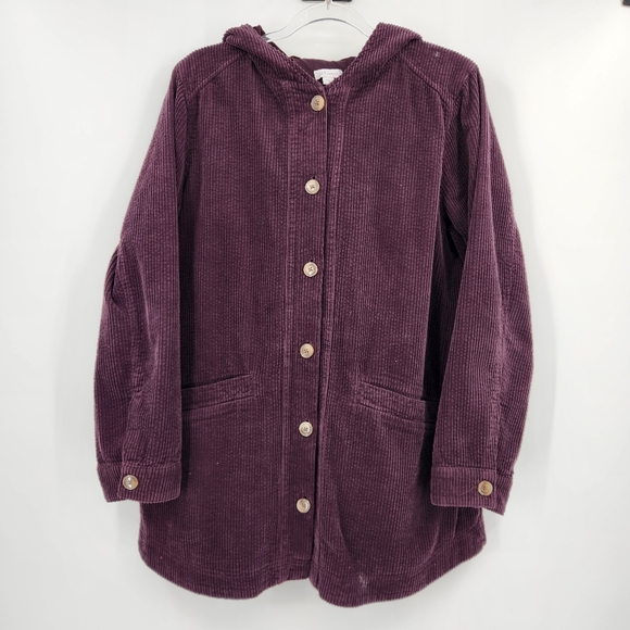 J. Jill Corduroy Long Sleeve Button Front Jacket Womens Size Medium Plum Hooded - Picture 8 of 8